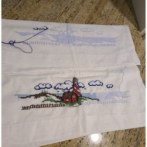 2 Cross Stitched Lighthouse  White Pillow Cases Standard * Started* No Thread*